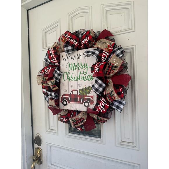 Rustic Christmas Wreath Buffalo Plaid and Vintage Truck Holiday Farmhouse Décor - Picture 7 of 8